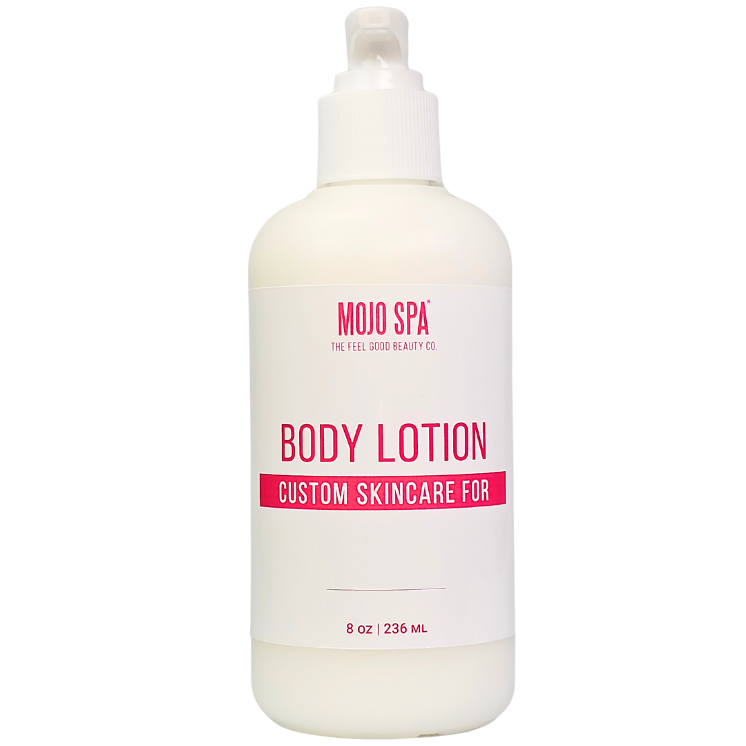 Custom body lotion in an 8 oz white pump bottle, its label with space for a name