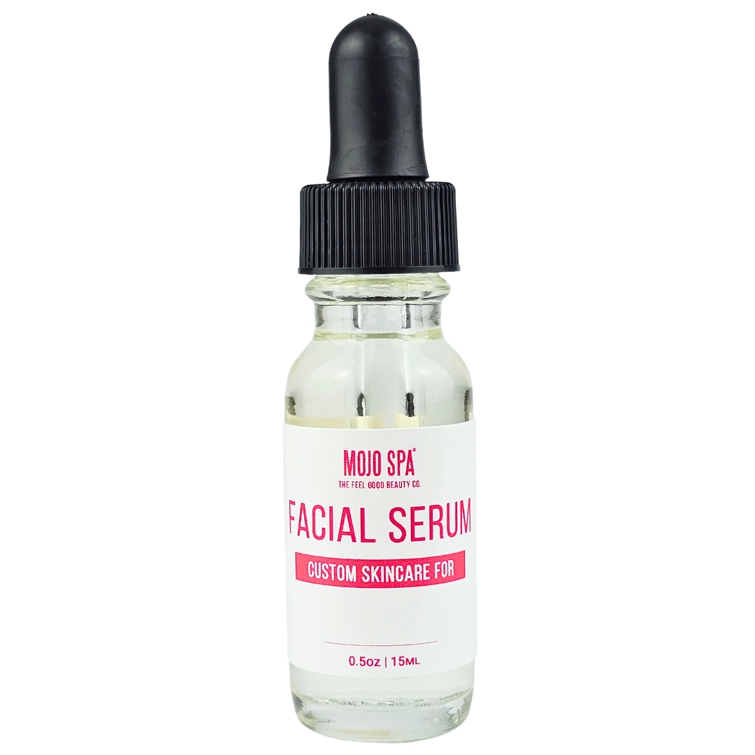 A smaller 0.5 oz dropper bottle of clear serum, the label reading Facial Serum