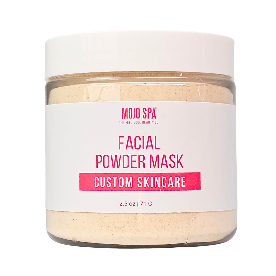 Custom facial powder mask in a 2.5 oz clear jar of tan powder with a white lid