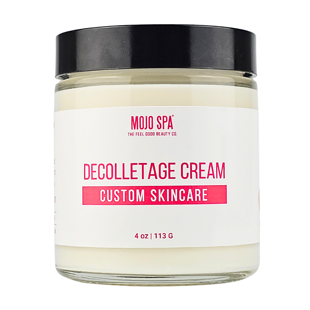 Custom neck and decolletage cream in a 4 oz glass jar with a black lid, its label with space for a name