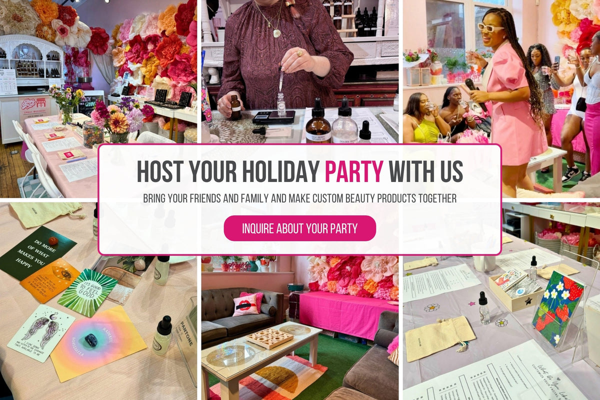Host your holiday party with us. Bring your friends and family and make custom beauty products together. Inquire about your party. Photos of parties at Mojo Spa's Beauty Bar: a table set under the flower wall, a custom serum being measured, a birthday celebration, affirmation cards with dropper bottles, the lounge, and a table set for making custom serums