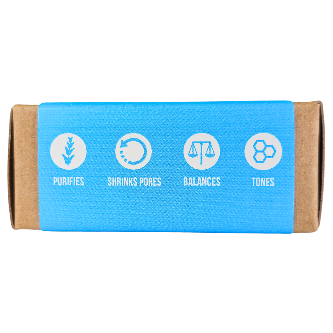 The end of the carton, a blue band with four small icons and one-word labels