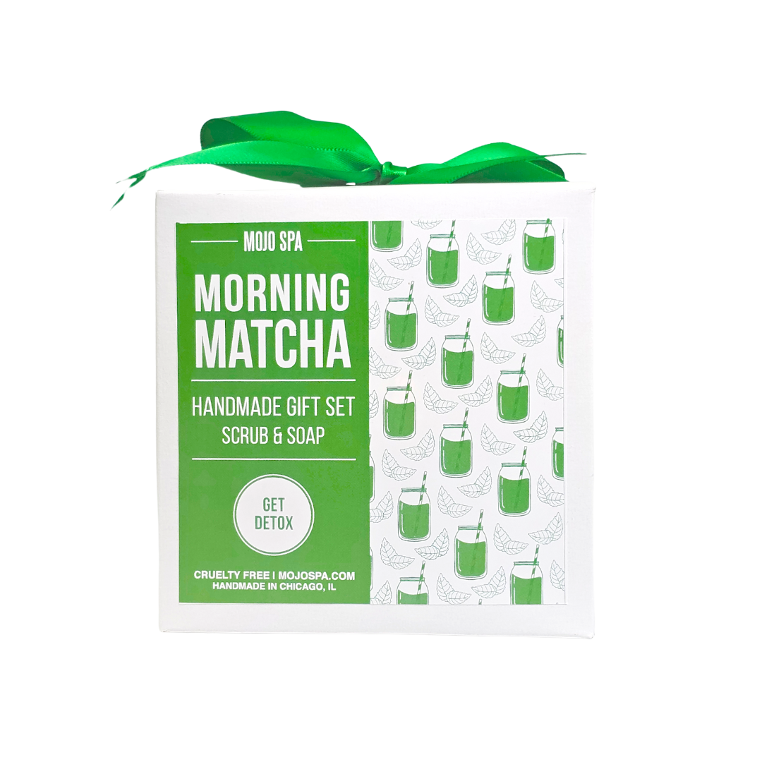 Morning Matcha scrub and soap gift set, a white box tied with a green ribbon and a green label