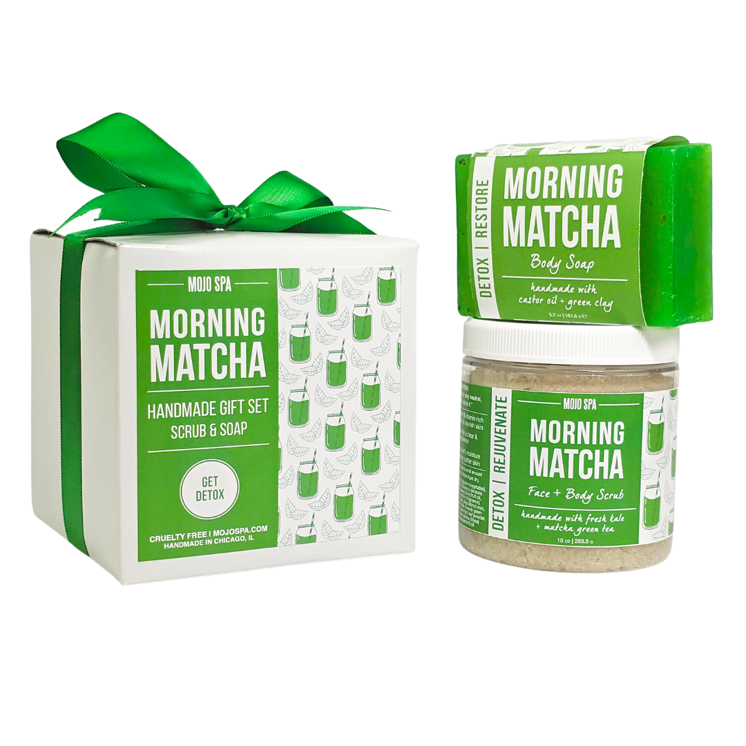 The gift box on the left, a soap bar resting on a scrub jar on the right