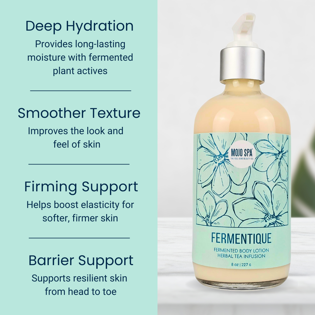 The bottle on a white counter beside four short callouts on a mint green panel