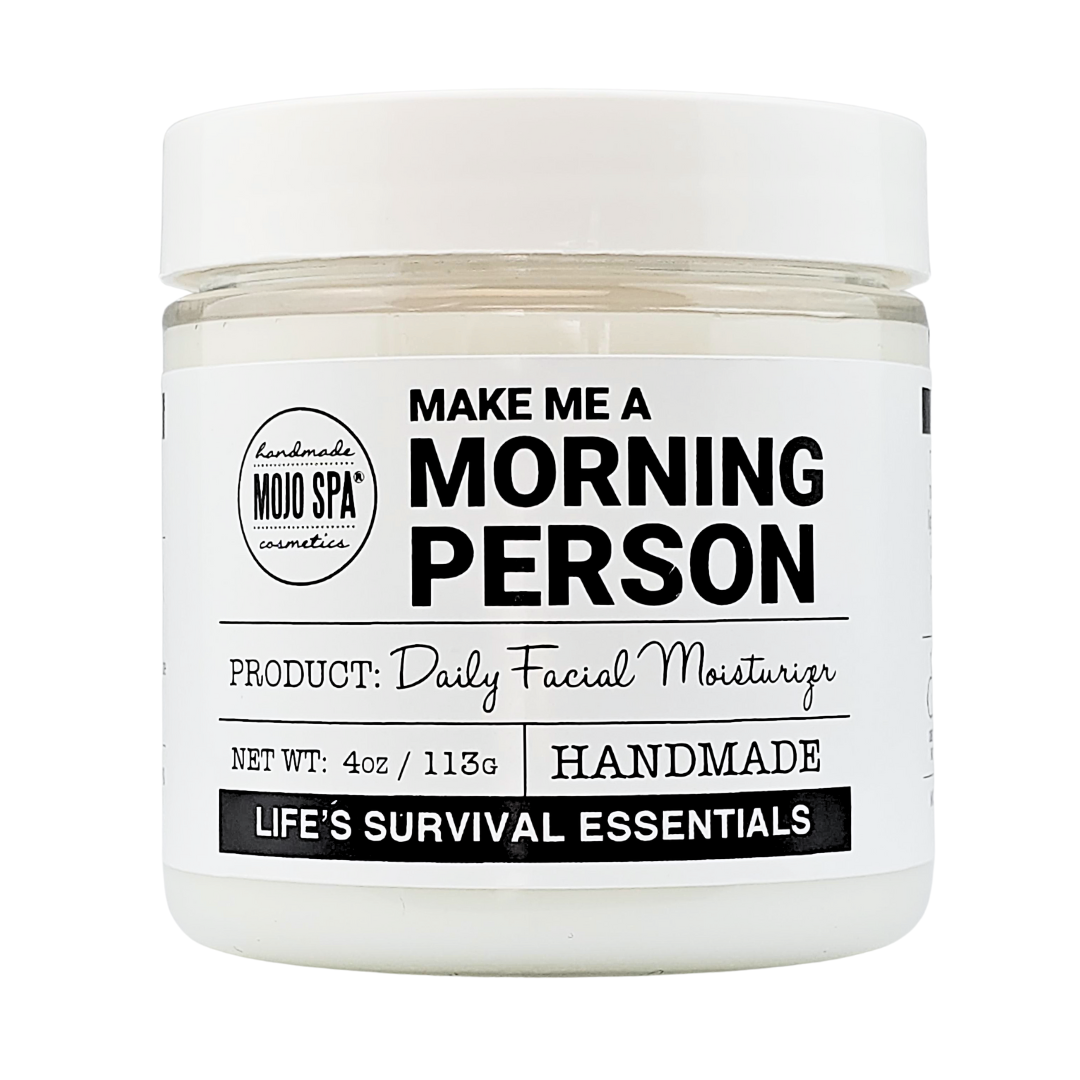 Make Me a Morning Person daily facial moisturizer in a 4 oz jar with a white lid and black and white label