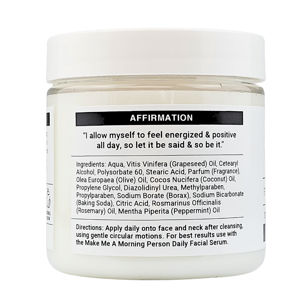 The other side of the jar, with an affirmation, the ingredients list and directions