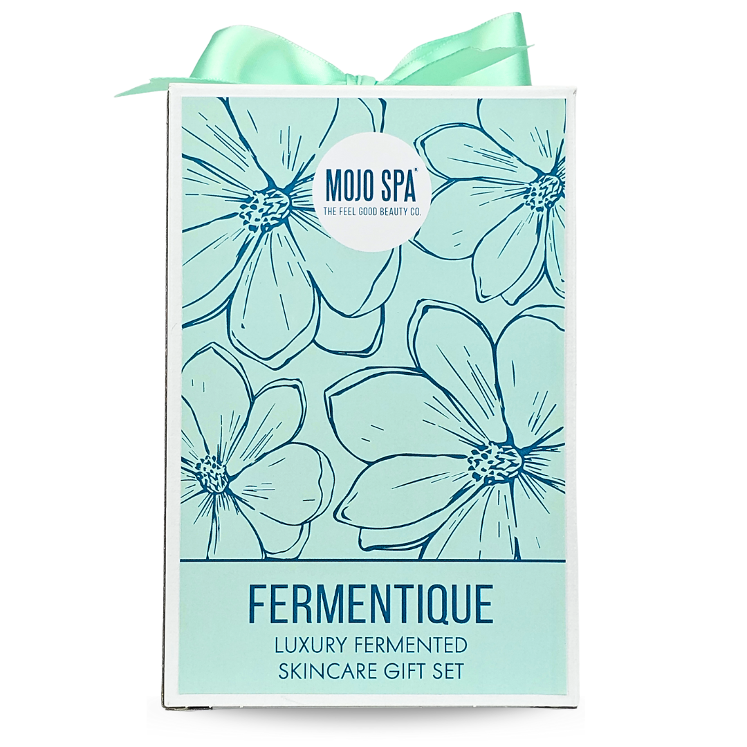 The gift box seen straight on, its label reading Luxury Fermented Skincare Gift Set