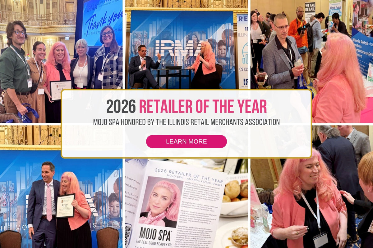 2026 Retailer of the Year: Mojo Spa honored by the Illinois Retail Merchants Association, over photos of Amanda Kezios at IRMA's luncheon in Chicago