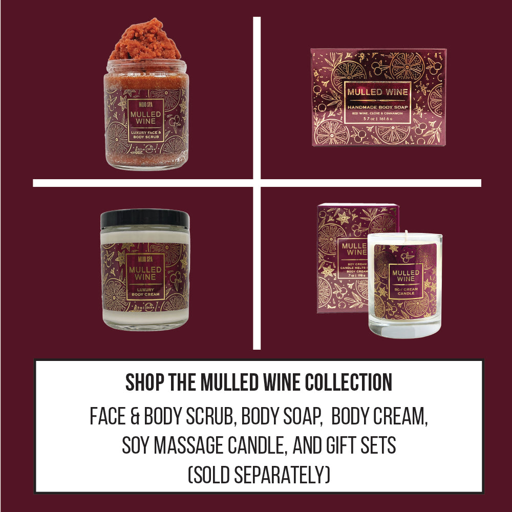 Collection graphic of the scrub, body soap, body cream and candle on burgundy, captioned Shop the Mulled Wine collection