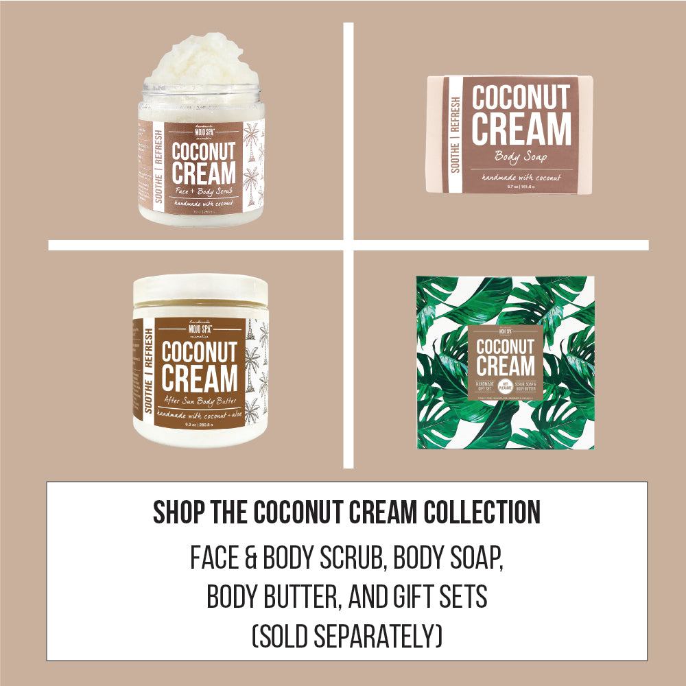 Collection graphic of the face and body scrub, body soap, body butter and gift set, captioned Shop the Coconut Cream collection, sold separately