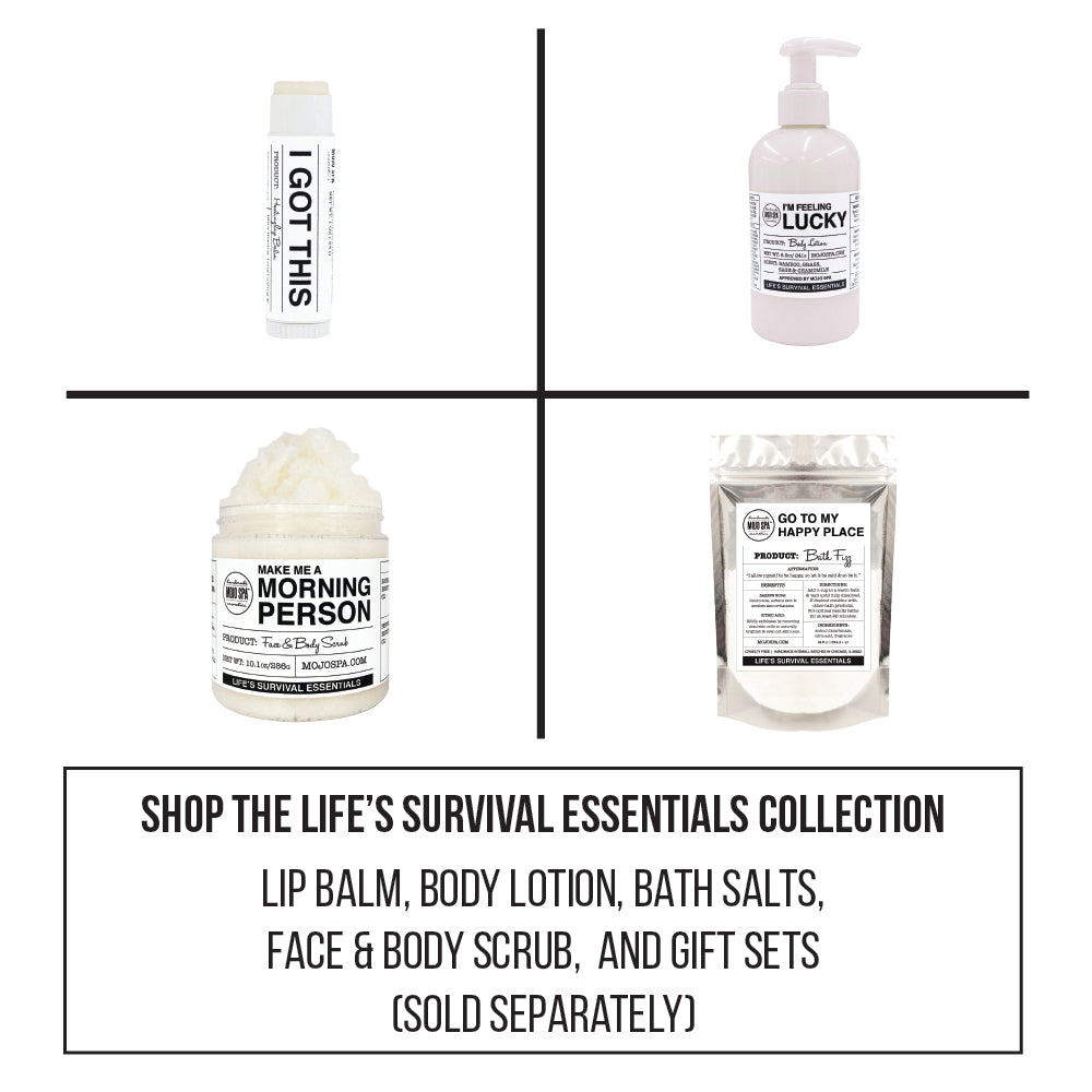 Grid of a lip balm, body lotion, scrub and bath salts under the caption Shop the Life&