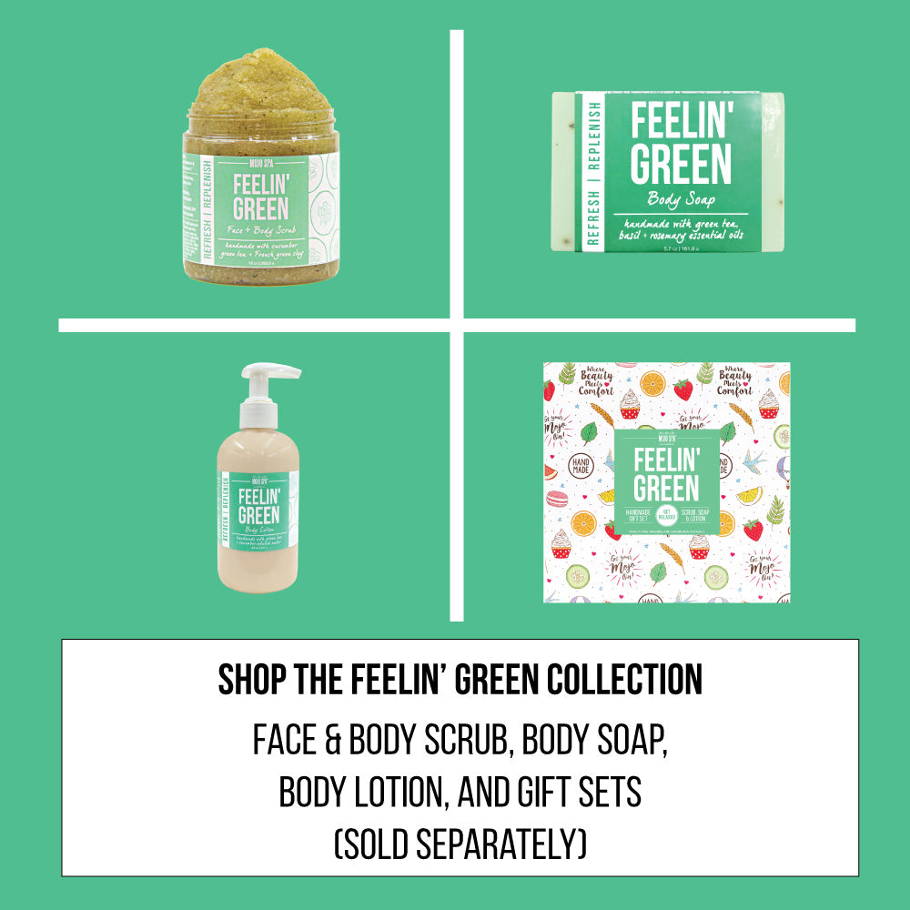 Collection graphic of the scrub, soap, body lotion and gift box on green, captioned sold separately