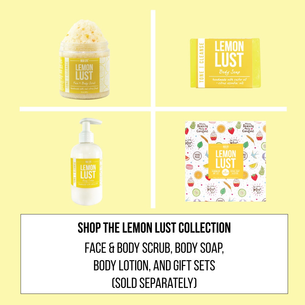 Collection graphic of the scrub, body soap, body lotion and gift box on yellow, captioned Shop the Lemon Lust collection, sold separately