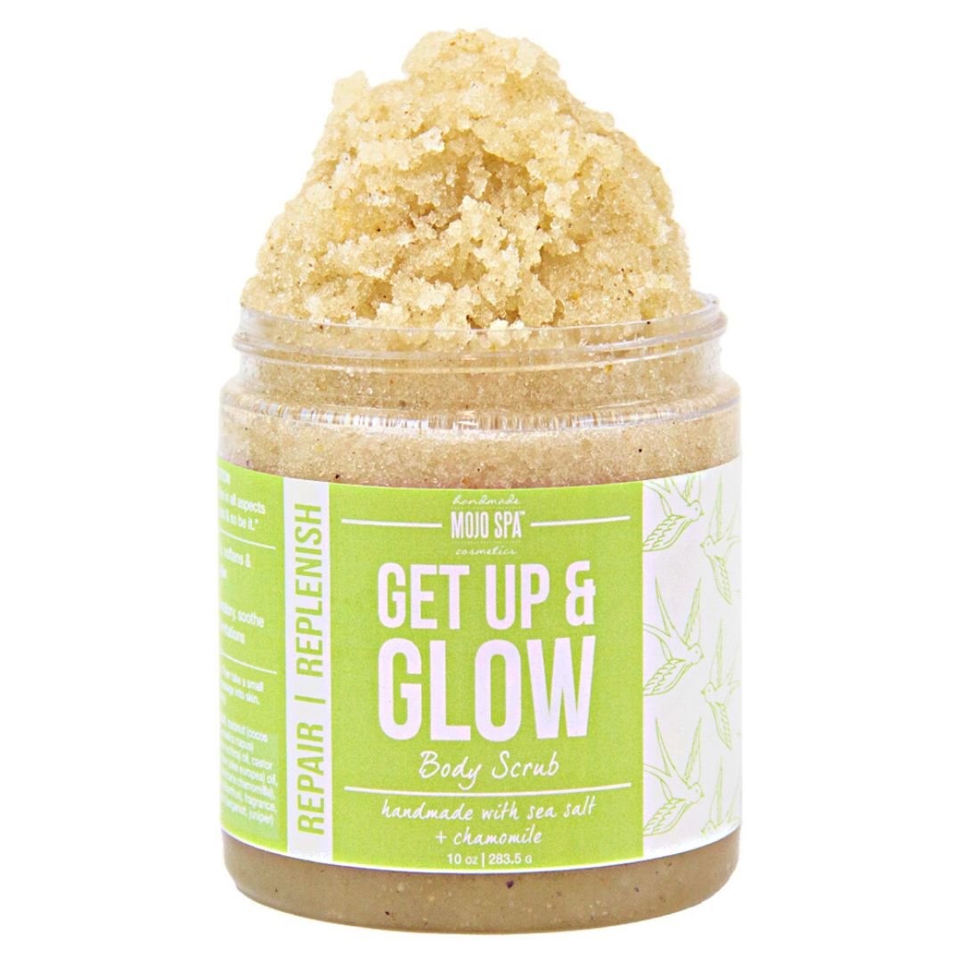 Get Up & Glow body scrub in a 10 oz clear jar, piled high with golden sea salt scrub, green label