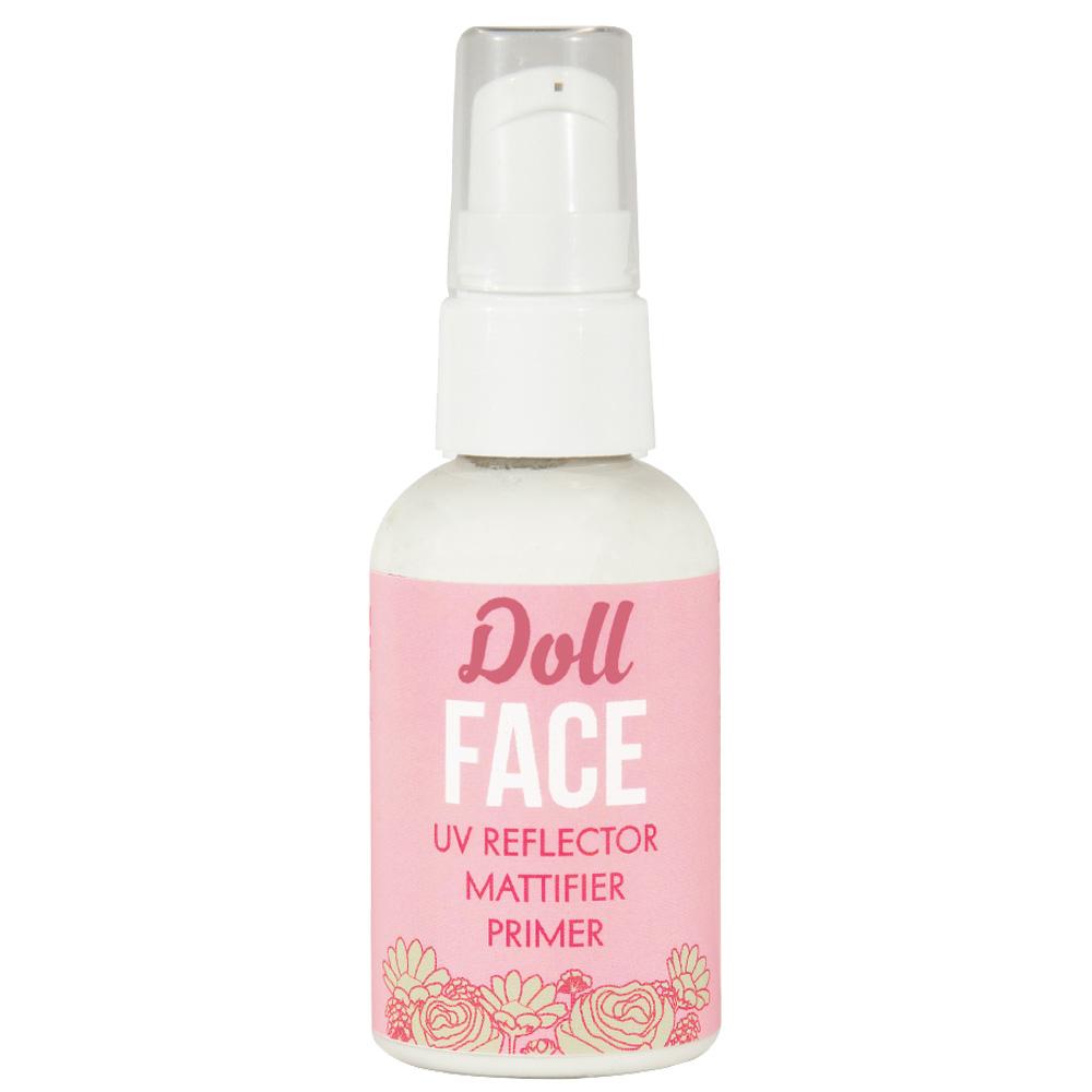 Doll Face primer and mattifier in a white pump bottle with a pink floral label