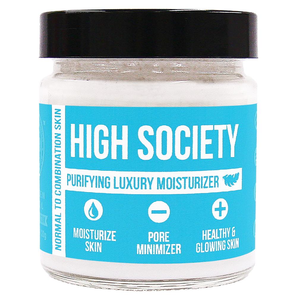 High Society Purifying Luxury Moisturizer in a clear jar with a black lid and blue label