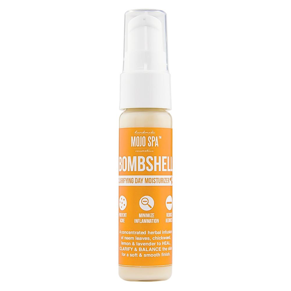 Bombshell clarifying day moisturizer in a small clear pump bottle with a white pump and an orange label with three icons