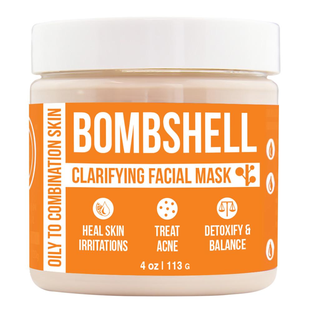 Bombshell clarifying facial mask in a 4 oz jar with a white lid and an orange label, with three icons