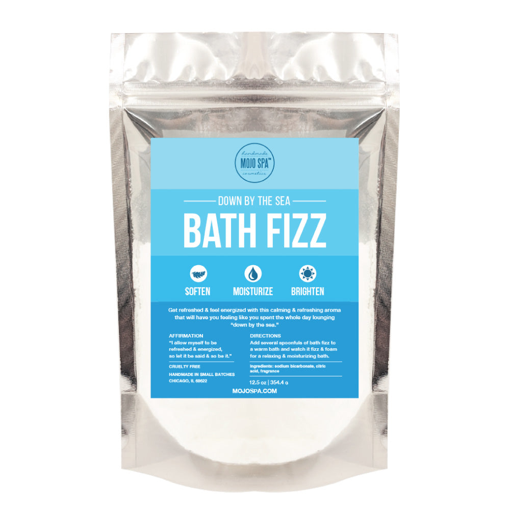 Down by the Sea bath fizz in a 12.5 oz silver zip pouch, blue label reading Bath Fizz