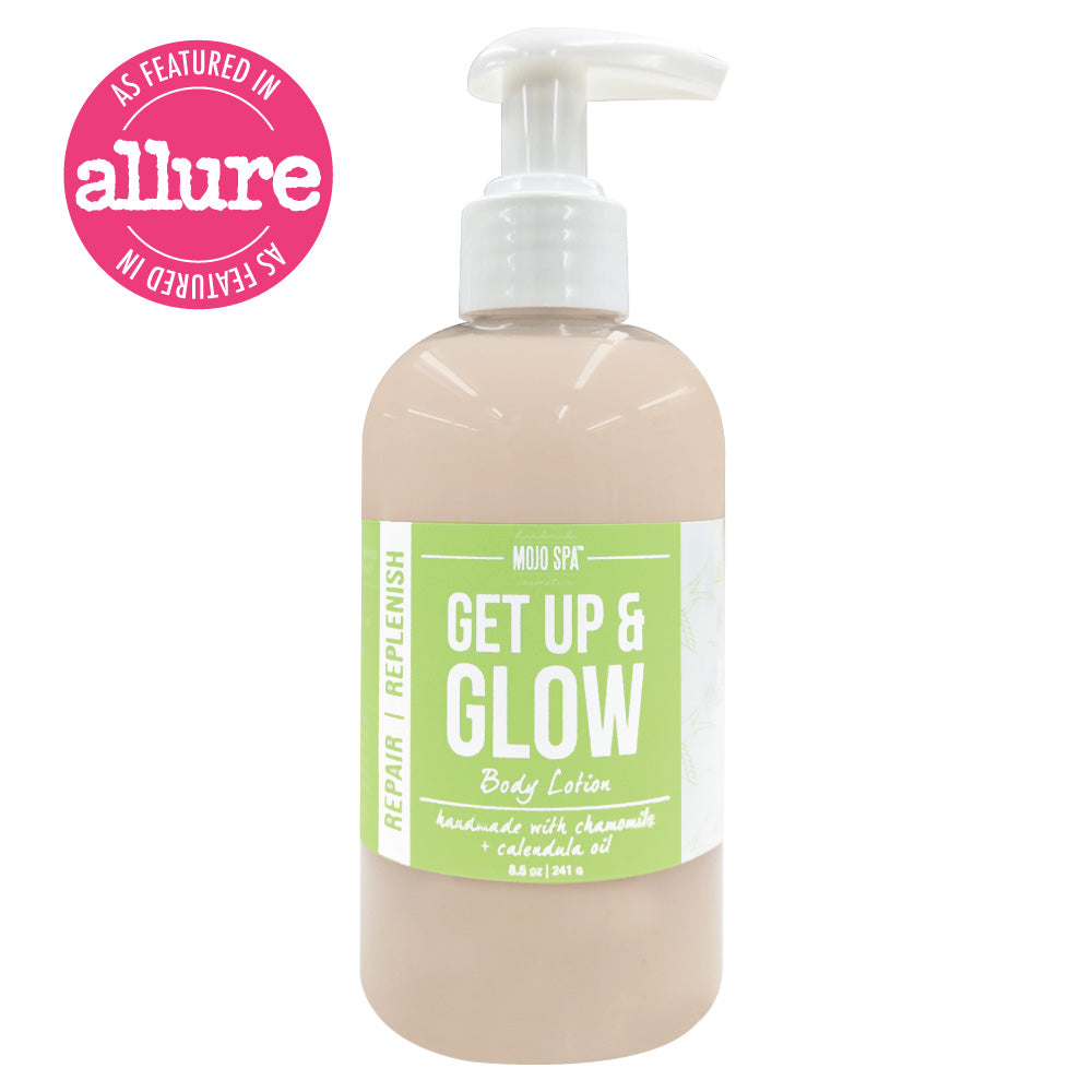 Get Up & Glow pump bottle with a green label reading Body Lotion, and an As featured in Allure badge