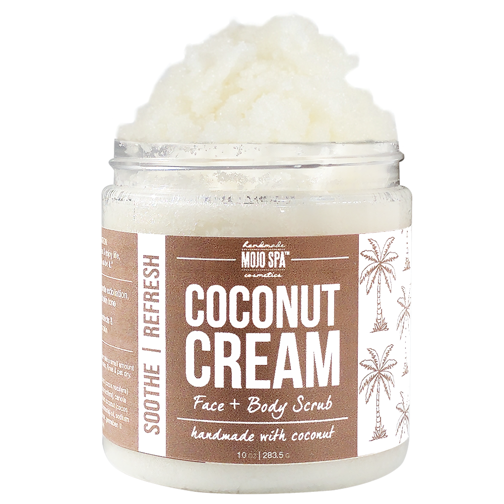 The face and body scrub jar from the front, white coconut scrub piled above a brown palm tree label