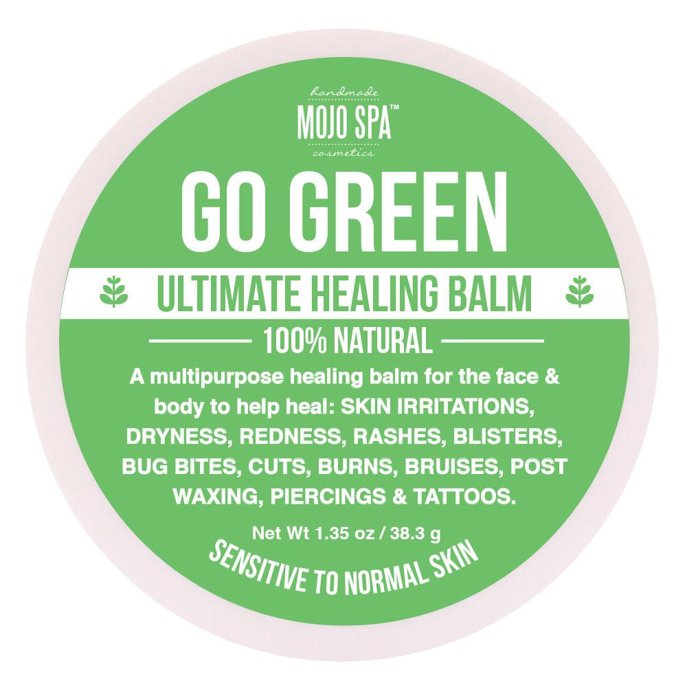 Go Green Ultimate balm in a 1.35 oz round tin seen from above, with a green label on the lid and a list of uses