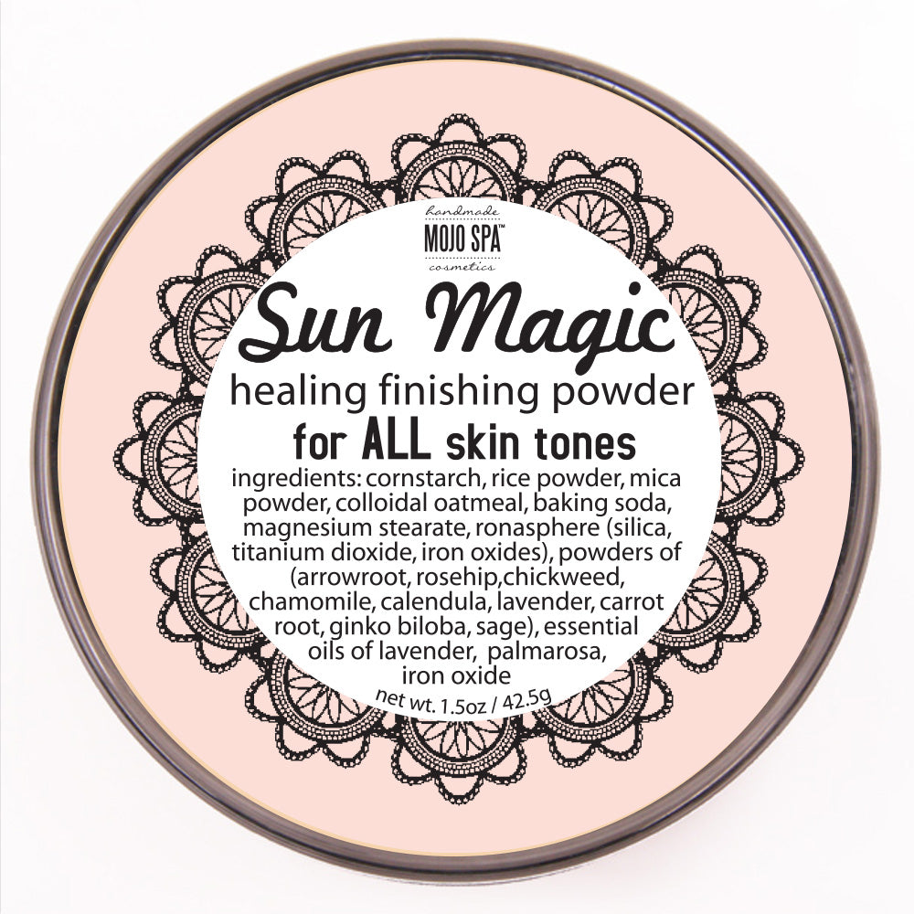 The tin lid with a black lace border, label reading finishing powder for all skin tones, and the ingredients list