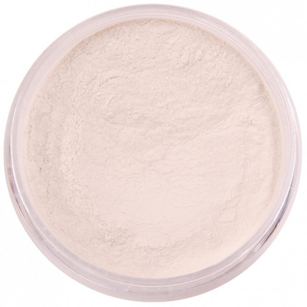 Sun Magic setting powder for all skin tones, an open container of fine, pale pink-beige loose powder seen from above