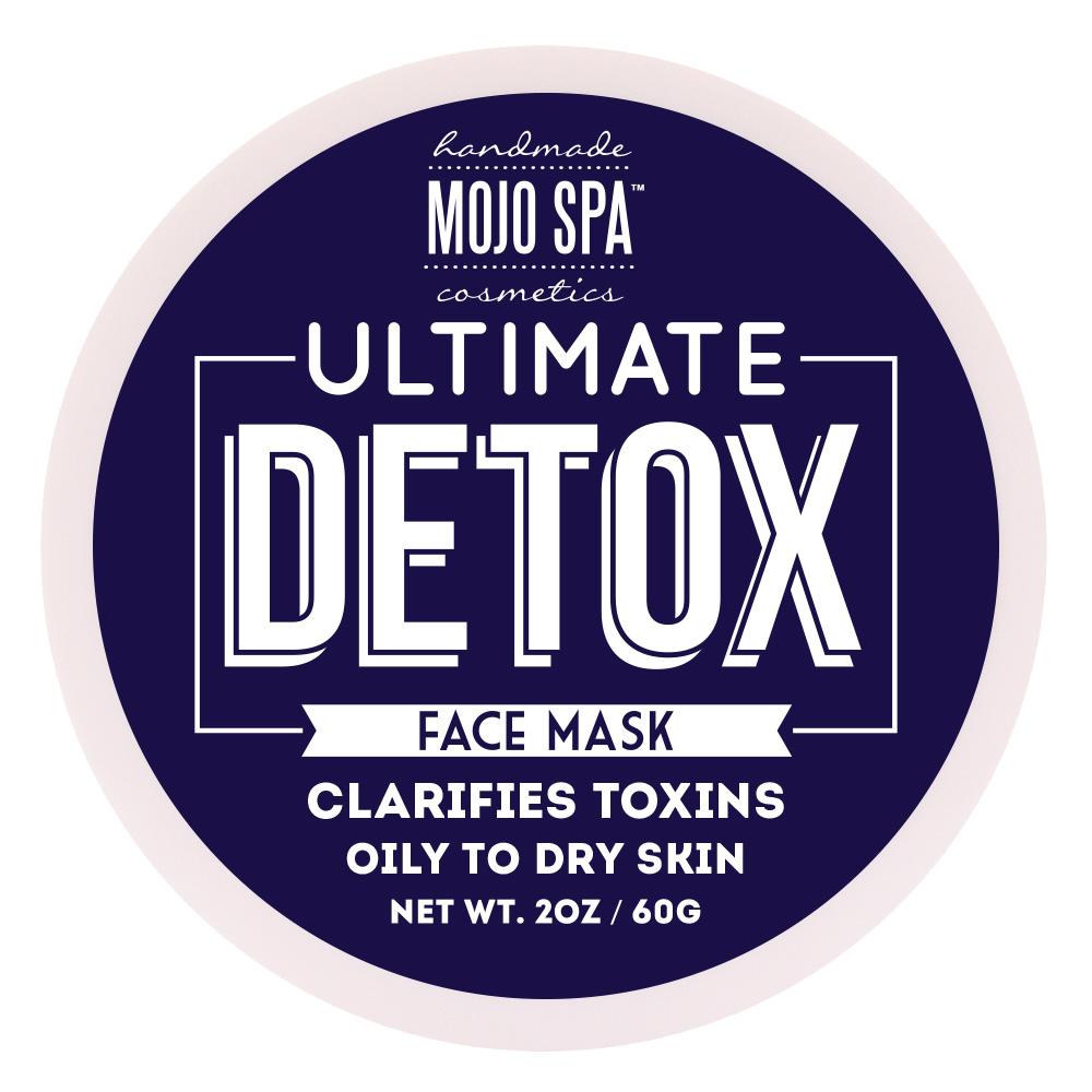 Ultimate Detox face mask in a 2 oz round container, the lid showing a navy label with white lettering