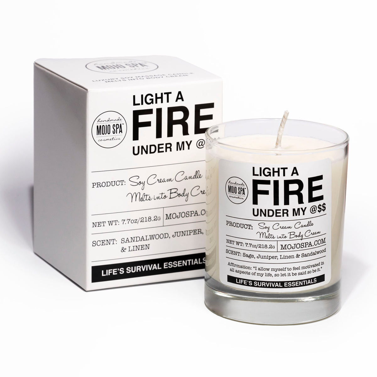 Light a Fire Under My @$$ soy massage candle in a glass jar beside its white box, 7.7 oz