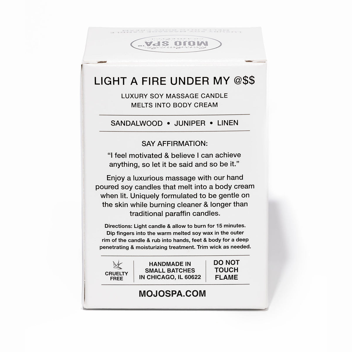 The back of the white box, with the affirmation, directions and Handmade in small batches in Chicago