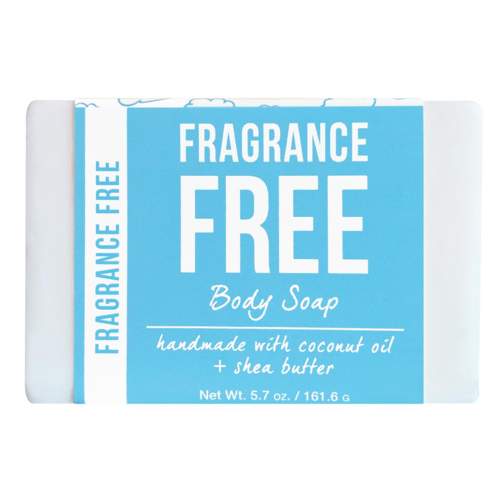 Fragrance Free body soap, a white 5.7 oz bar with a pale blue wrap label