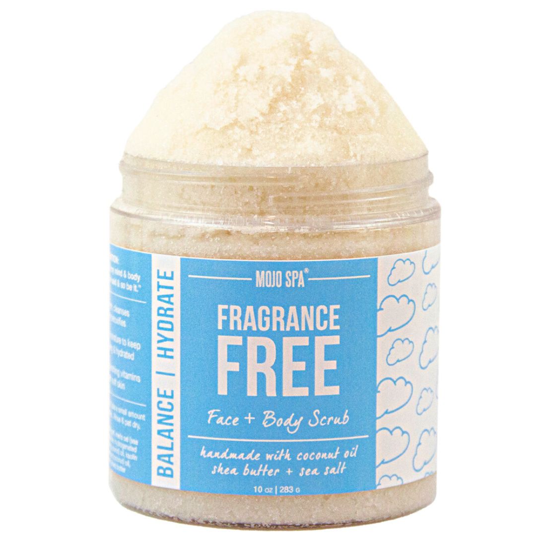 Fragrance Free face and body scrub in a 10 oz jar, cream scrub piled above a pale blue label with cloud artwork