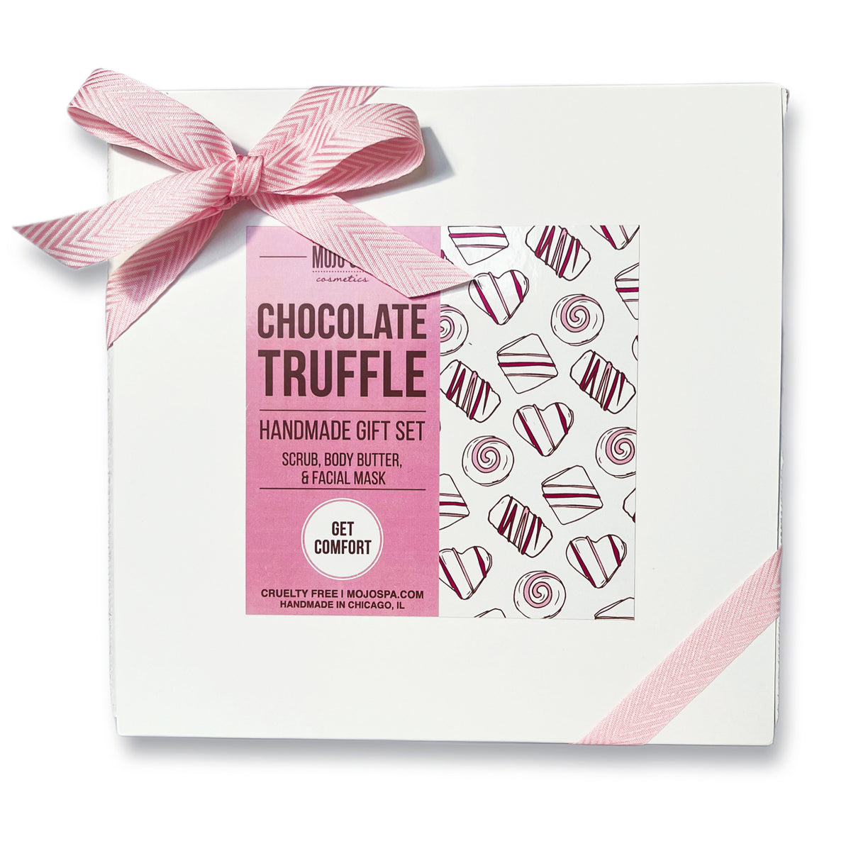 The closed white box tied with a pink ribbon, with a pink label reading Handmade Gift Set