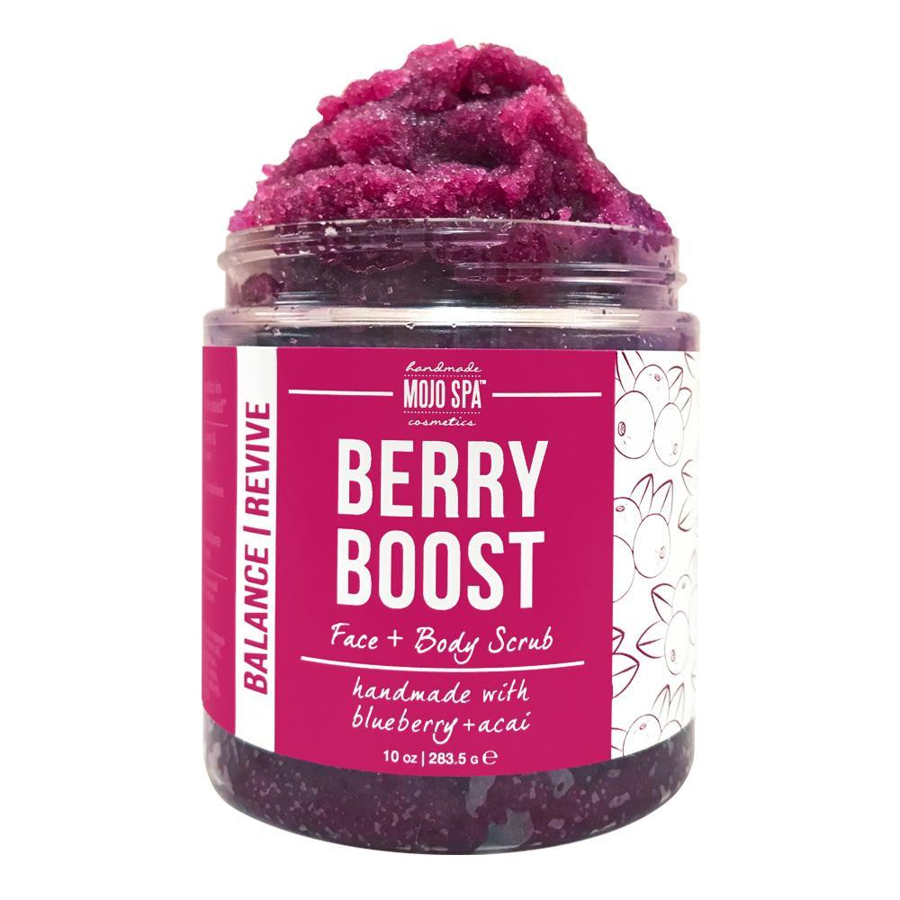 The 10 oz scrub jar from the set, bright pink scrub heaped above the rim