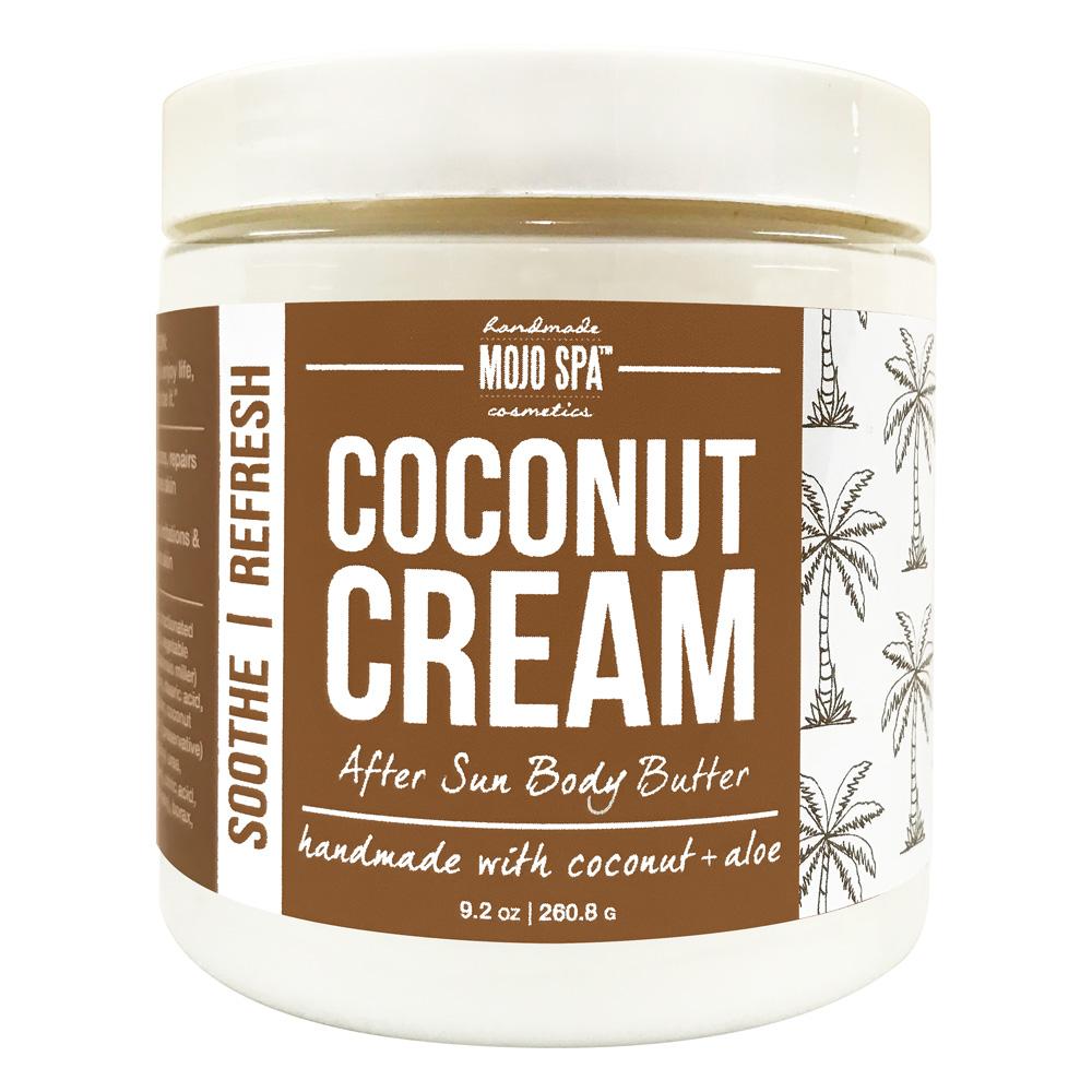 Coconut Cream after sun body butter in a 9.2 oz jar with a white lid and a brown label with palm trees
