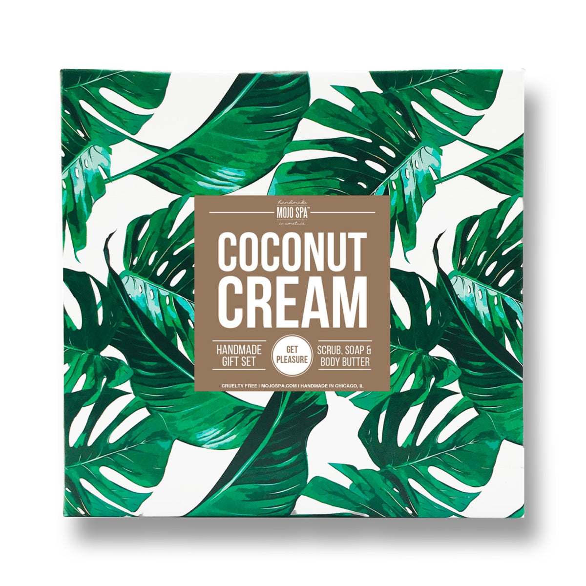 Coconut Cream scrub, body butter and soap gift set, a square box with a green palm leaf print and a brown label