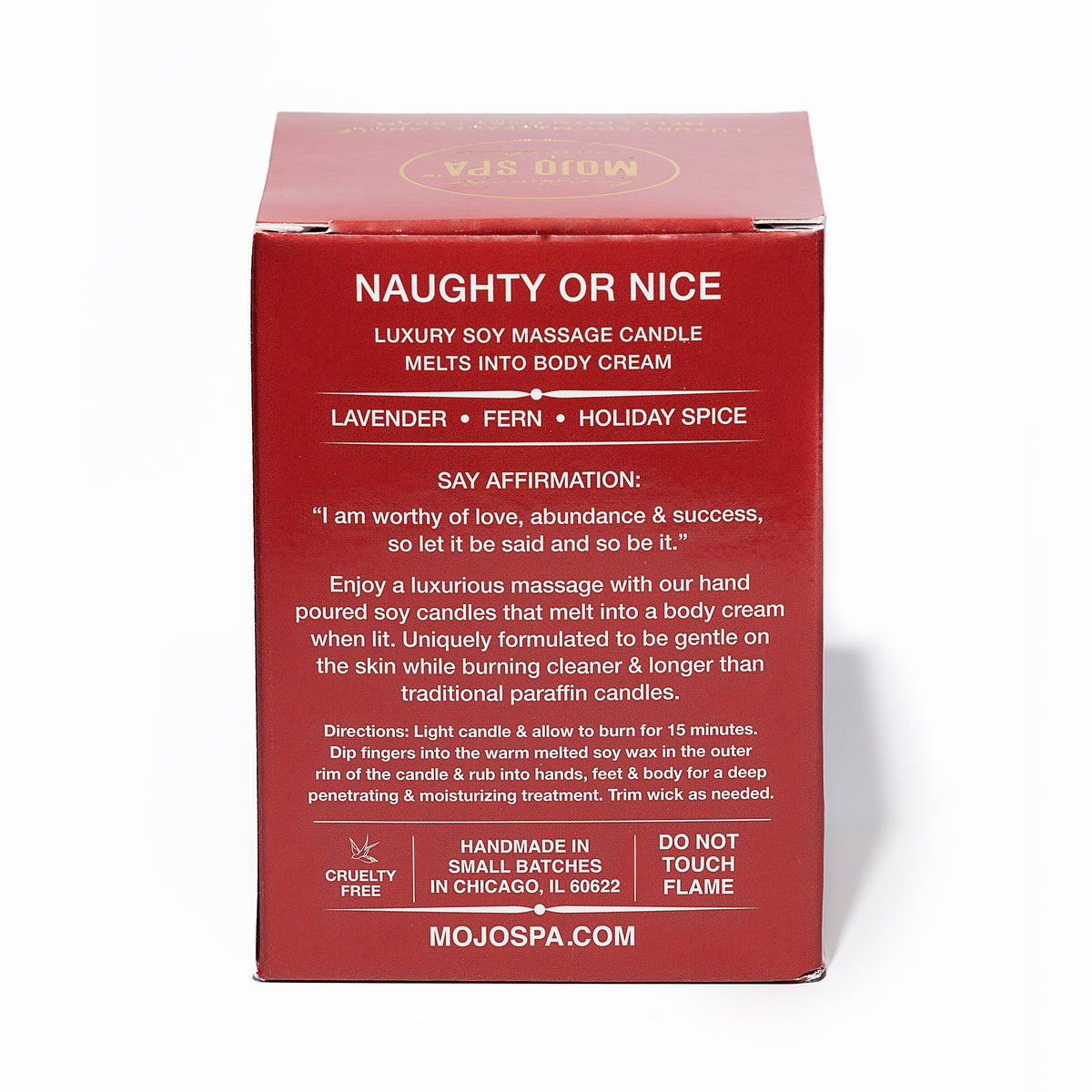 The back of the box, with the scent notes lavender, fern and holiday spice, a printed affirmation and directions