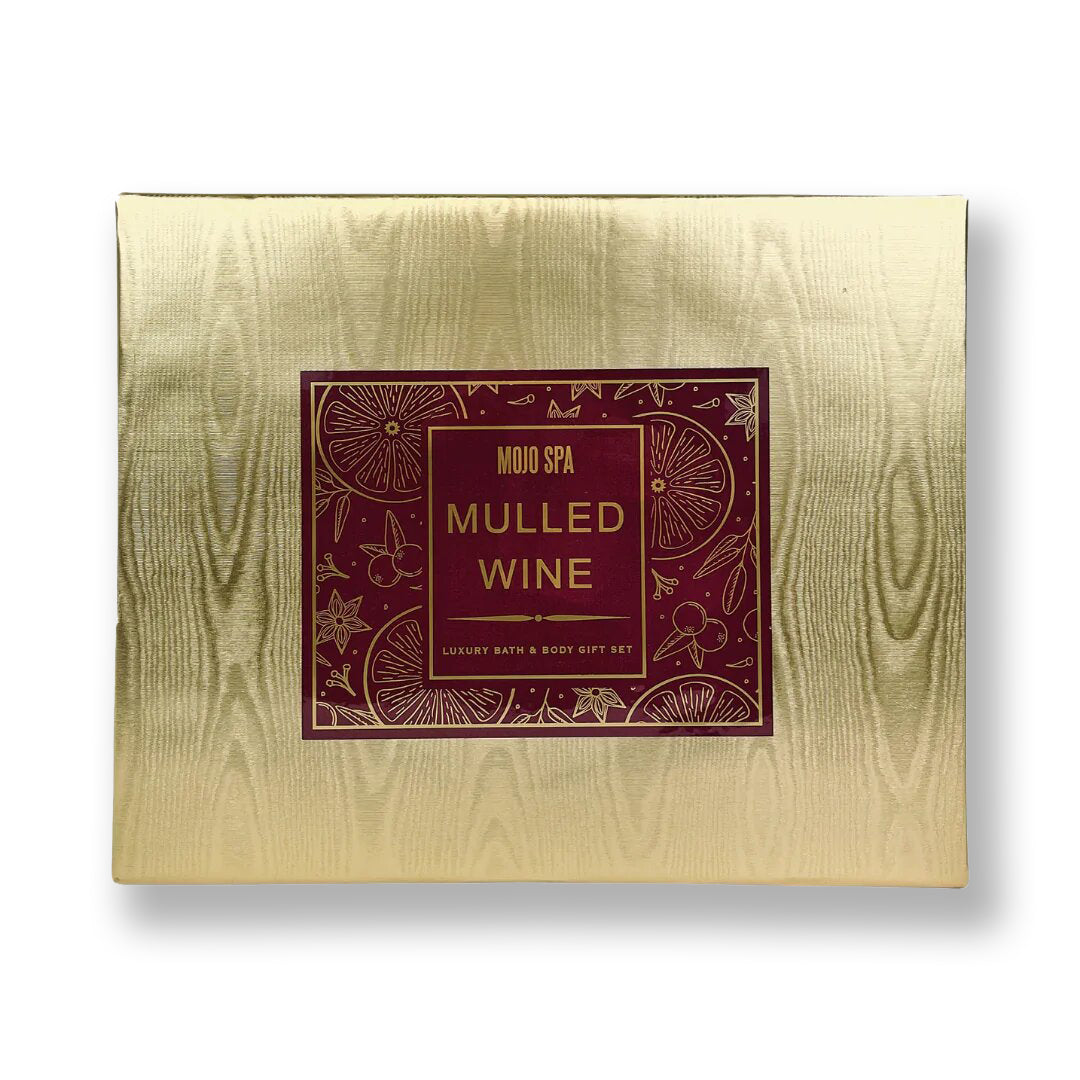 Mulled Wine luxury gift set, a gold textured box with a burgundy and gold label