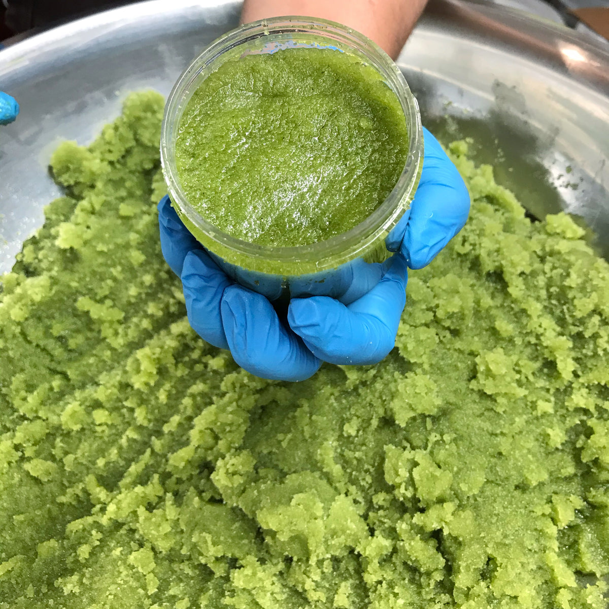 A gloved hand holding a filled jar of green scrub over a bowl of freshly mixed scrub