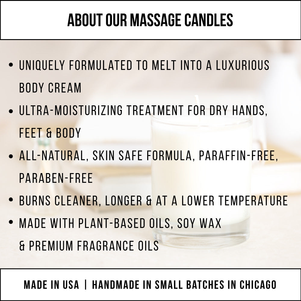 Graphic titled About our massage candles, five points over a softly blurred candle