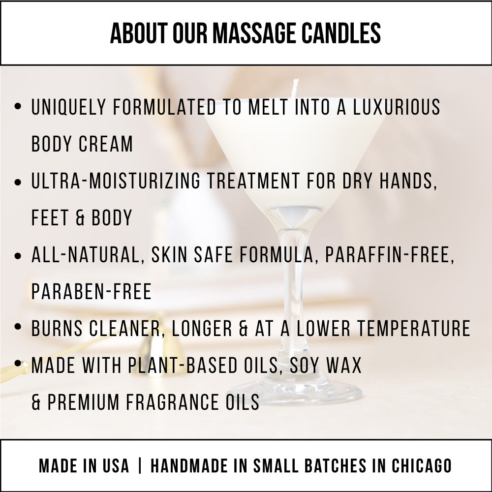 A graphic headed About our massage candles, listing what the candle is made with and where it is made