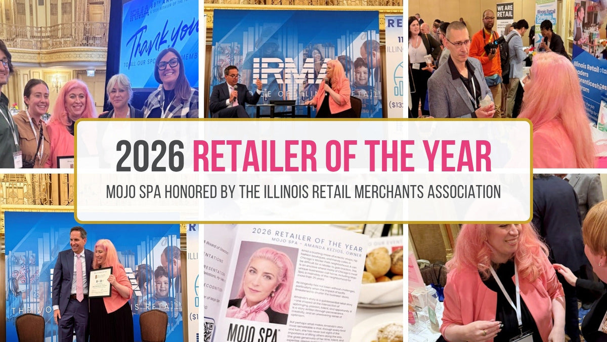 2026 Retailer of the Year: Mojo Spa honored by the Illinois Retail Merchants Association, over photos of Amanda Kezios at IRMA's luncheon in Chicago