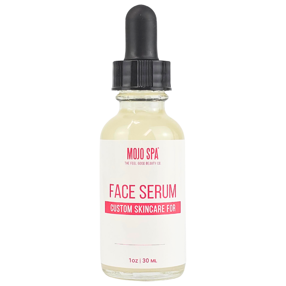 Custom facial serum in a 1 oz dropper bottle of pale serum, its label with space for a name