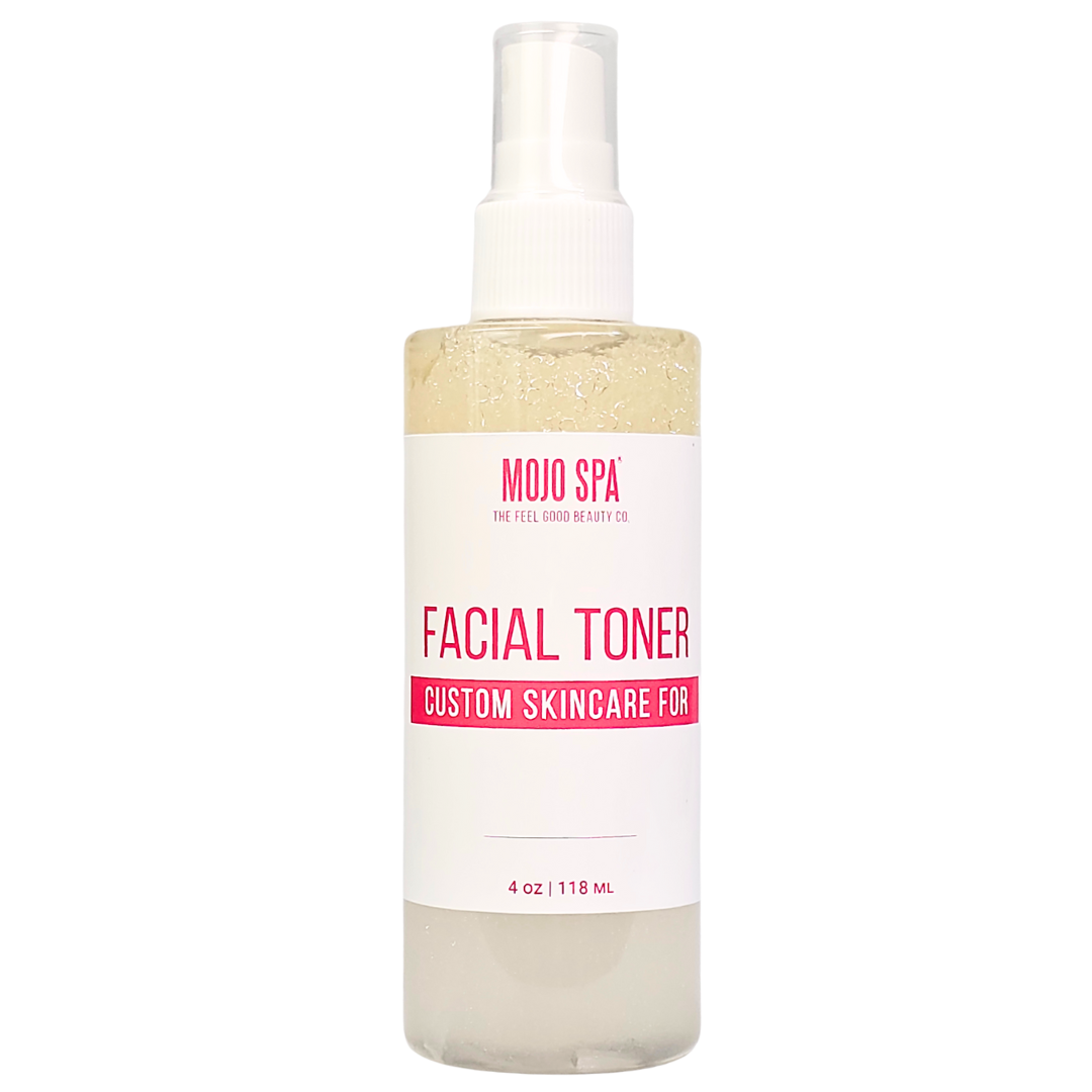 Custom facial toner in a 4 oz spray bottle with a white cap, its label with space for a name