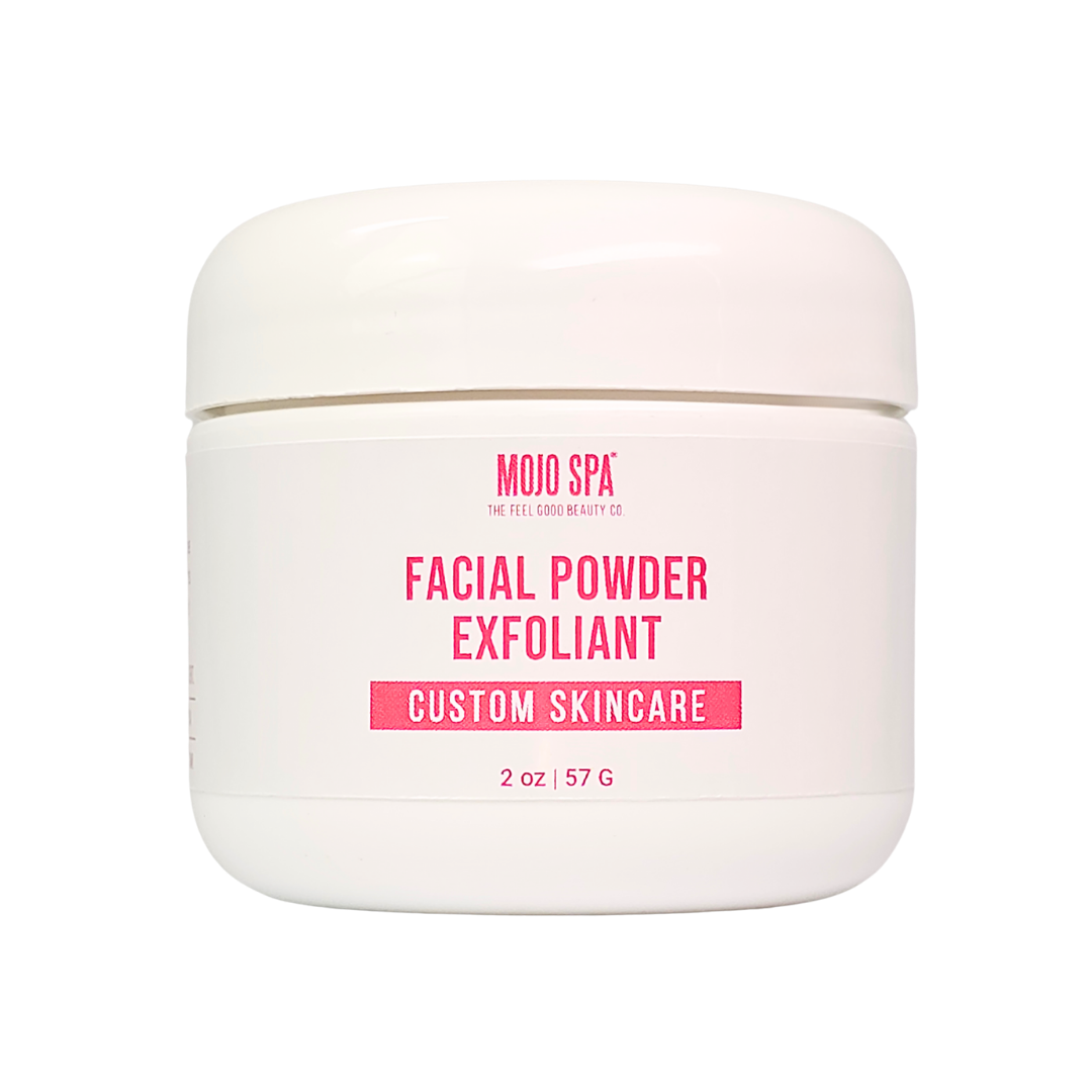 Custom facial powder exfoliant in a 2 oz white jar with a Mojo Spa custom skincare label