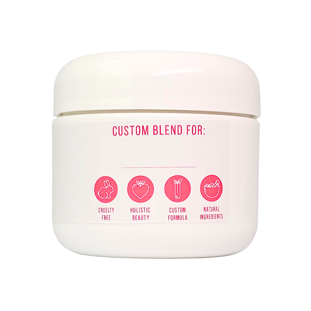 The back label, with icons for cruelty free, holistic beauty, custom formula and natural ingredients