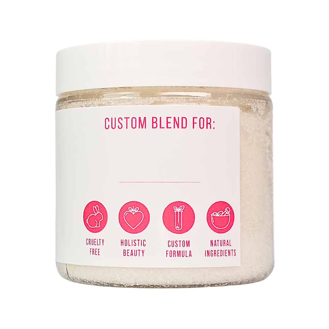 The back label, with icons for cruelty free, holistic beauty, custom formula and natural ingredients