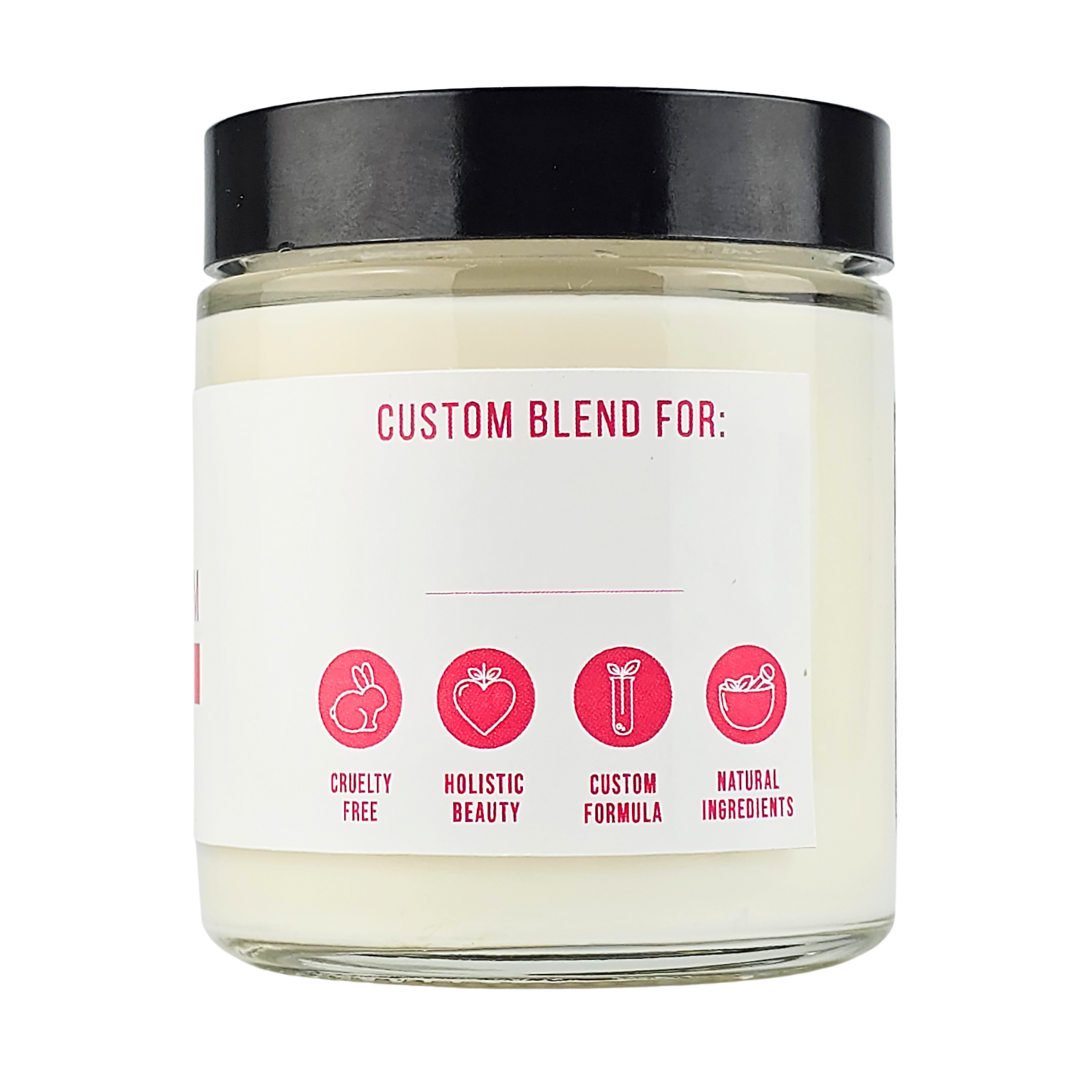 The back label, with icons for cruelty free, holistic beauty, custom formula and natural ingredients
